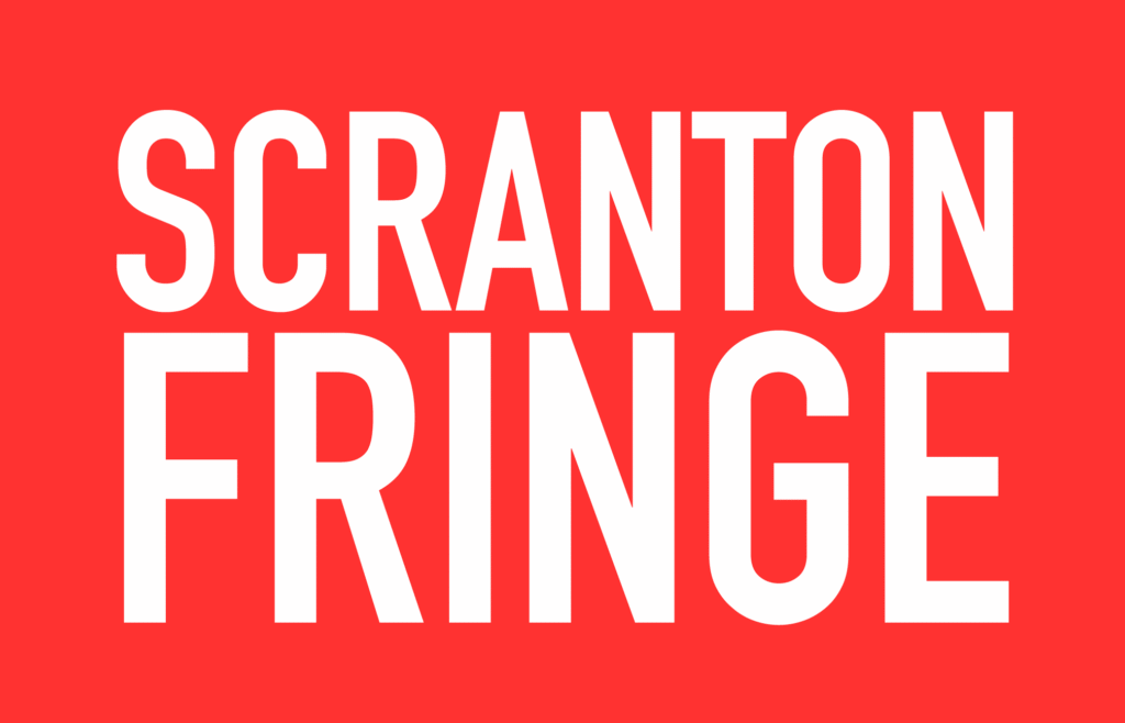 The Scranton Fringe logo in White condensed text on a bright red-orange backround.