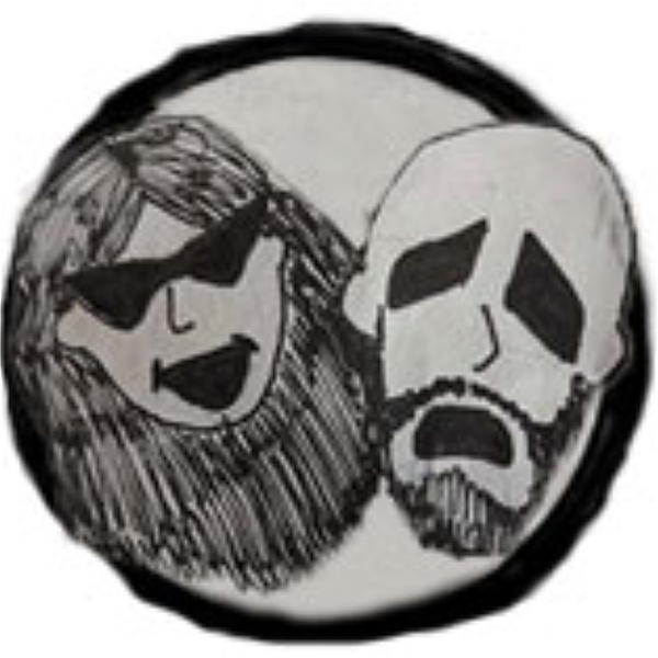 This image appears to be a hand-drawn logo or emblem. It depicts two stylized faces inside a circular border: On the left is a long-haired figure with sunglasses and a wide open mouth, suggesting laughter or joy. On the right is a bald figure with a beard, whose expression appears sad or anguished, similar to a "tragedy mask." The overall design seems to be inspired by the classic comedy and tragedy masks associated with theater, but with a modern, personalized twist.