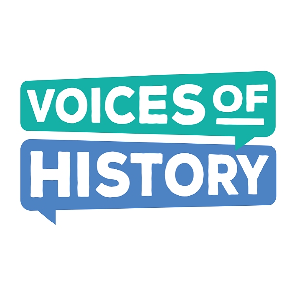 Illustration that shows two speech bubbles. The top is teal with the words "Voices Of" and the blue one on beneath it with the word "History"