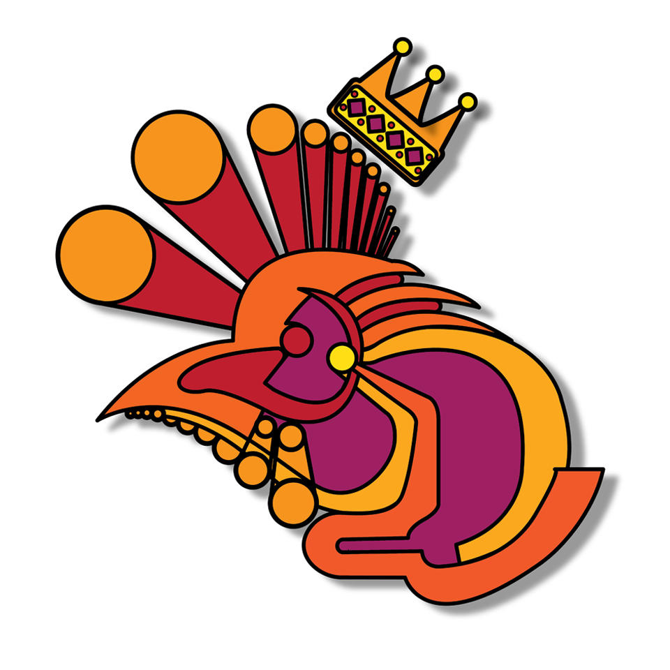 This striking rendition of King Raymond is inspired by bold, geometric patterns reminiscent of ancient iconography. Rendered in vivid orange, red, and magenta, the design transforms him into a stylized, almost mythic figure. A jeweled golden crown tilts above, uniting timeless tradition with Fringe’s modern spirit of celebration and creativity.