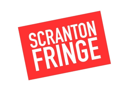 This image has a bold red background with large white text reading SCRANTON FRINGE in all capital letters. The entire image is at an angle showing a rotated logo.