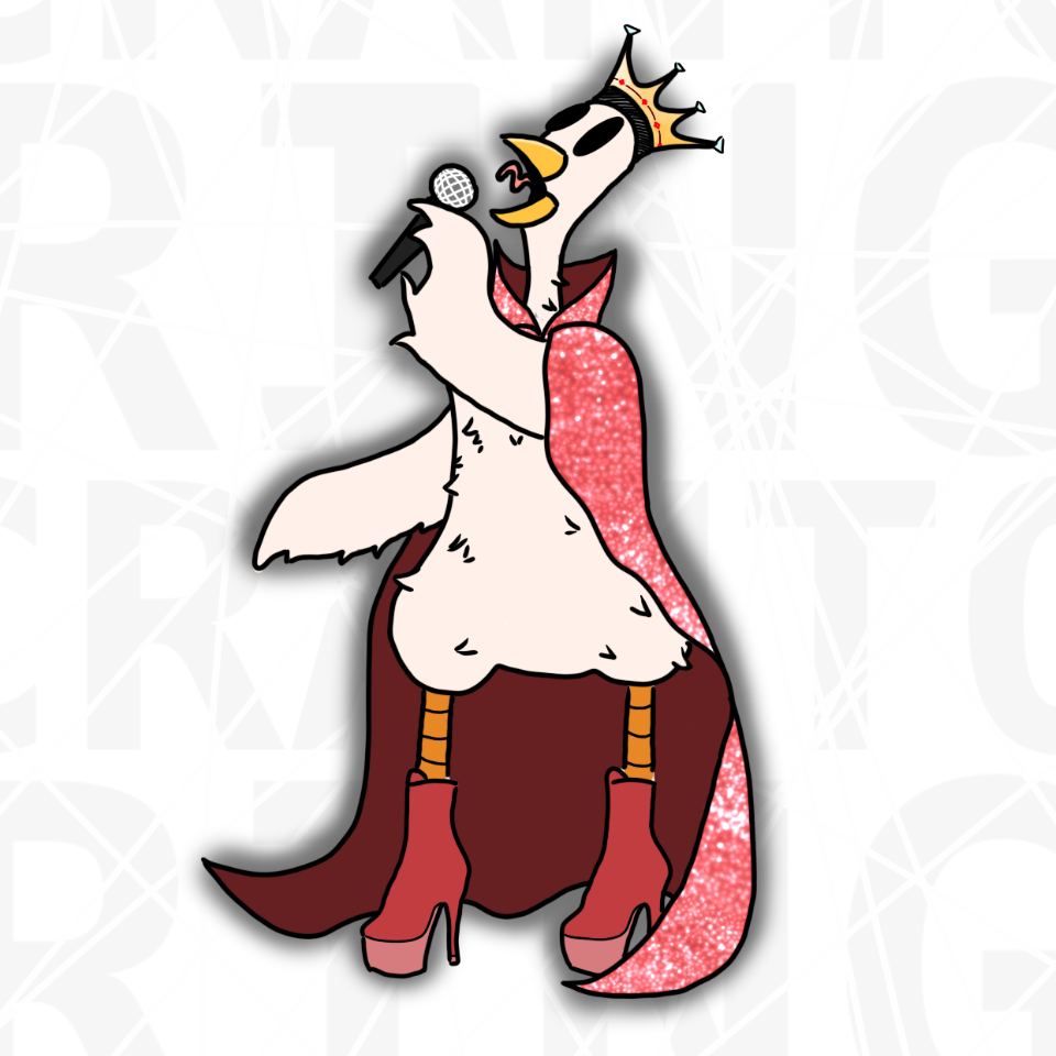 This dazzling interpretation of King Raymond transforms him into a show-stopping diva. Wearing a sparkling red cape and high-heeled boots, he belts into a microphone with passion and flair. A tilted golden crown completes the look, making him both ruler and rockstar—the ultimate embodiment of Fringe’s bold, fabulous spirit.