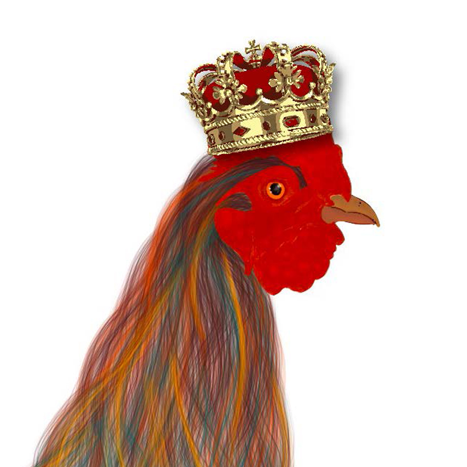 This majestic portrayal of King Raymond combines elegance with flair. His fiery red head is crowned with an ornate golden crown, adorned with jewels and fine detail. Flowing multicolored feathers cascade down like a royal mane, blending warm oranges with cool blues—transforming him into a truly regal, almost mythic, ruler of Fringe.