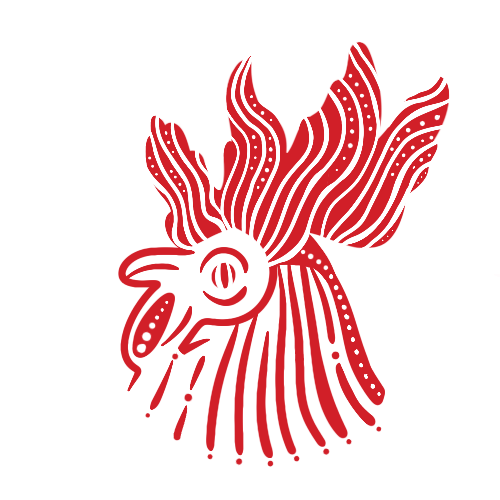 This stylized version of King Raymond flows with rhythm and energy. Rendered entirely in red, his comb and feathers transform into swirling, patterned lines dotted with accents, almost like flames or waves. Both regal and abstract, he radiates a sense of movement—an artistic king alive with Fringe vibrancy.