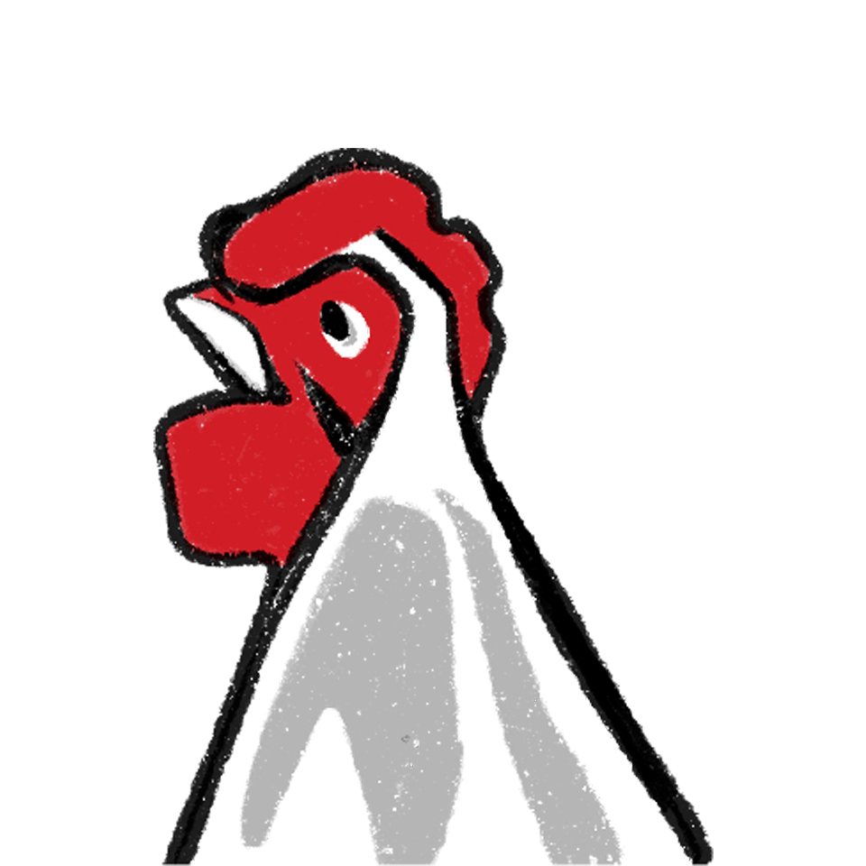This minimalist take on King Raymond uses bold blocks of red, white, and gray for dramatic effect. His sharp beak, piercing eye, and striking comb give him a commanding presence despite the simplicity of form. Clean and modern, this version radiates strength—proof that even stripped-down, the king still rules.
