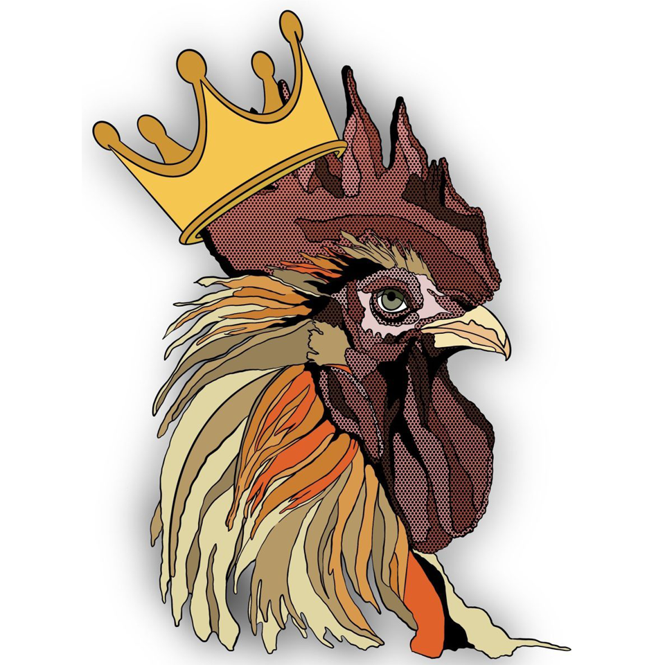 This version of King Raymond is bold and regal, depicted in a striking pop-art style. The rooster’s feathers are rendered in layered shades of cream, gold, and fiery orange, while a detailed face and piercing eye command attention. A bright golden crown tilts jauntily on his comb, reinforcing his playful but powerful royal stature.