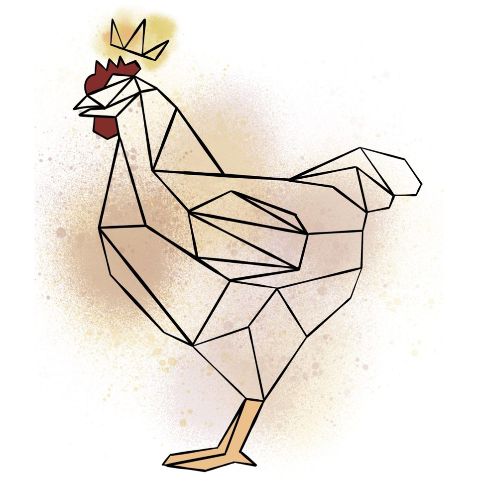This depiction of “King Raymond” shows the Scranton Fringe Festival mascot as a stylized, geometric chicken. Created with bold black lines and angular shapes, the bird has a modern, origami-like design. A small golden crown floats above its head, emphasizing its royal status, while soft beige and gold tones give it texture and warmth.