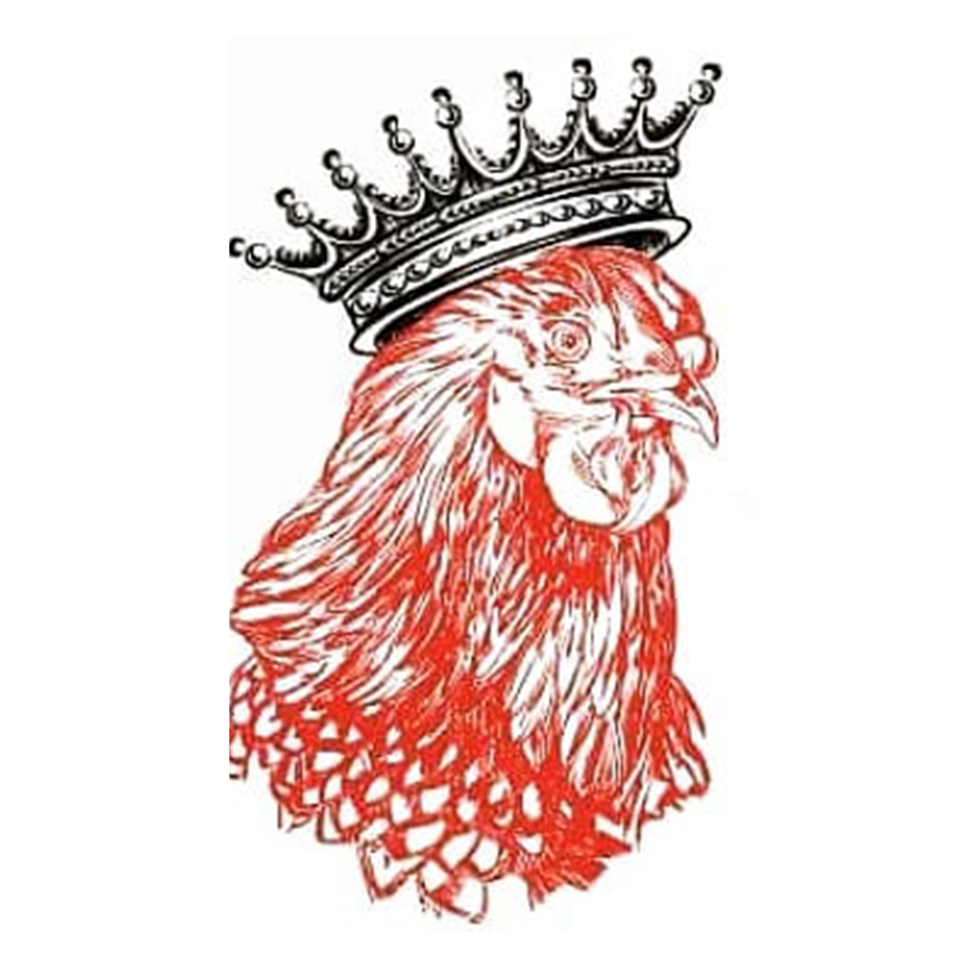 This intricate portrait of King Raymond highlights fine detail and texture. Rendered in bold red linework, his feathers are carefully etched to show depth and movement, while his alert expression conveys authority. A grand, jewel-studded black crown rests upon his head, crowning him with unmistakable majesty befitting the Fringe Festival’s mascot.