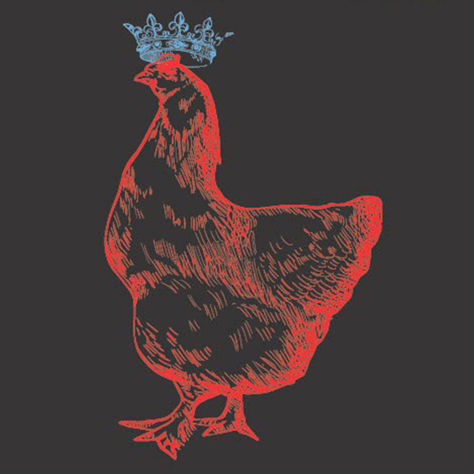 This regal rendering of King Raymond is bold and stately. Illustrated in striking red linework against a black background, the chicken stands tall with dignified poise. Atop his head rests an ornate blue crown, contrasting vividly with his body and underscoring his role as the proud, royal icon of Scranton Fringe.