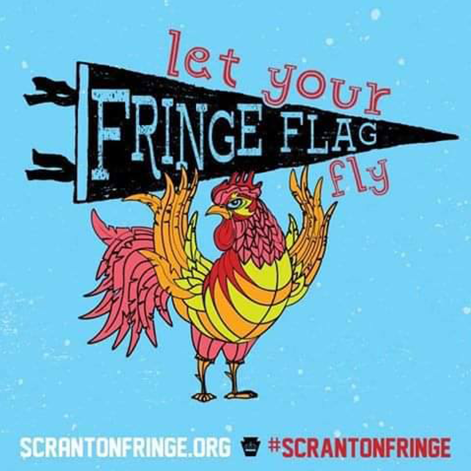This vibrant version of King Raymond bursts with festival energy. Illustrated in bold yellows, reds, and pinks, the rooster spreads his wings proudly beneath the slogan “Let Your Fringe Flag Fly.” Holding a black pennant that reads Fringe Flag, he embodies celebration, creativity, and the spirited heart of Scranton Fringe.