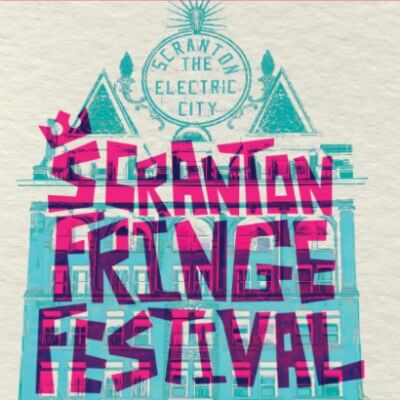 This is the stylized illustration for the 2025 Scranton fringe Festival. It is a screen print of purple text against a image of the scratching electricity building in aqua.